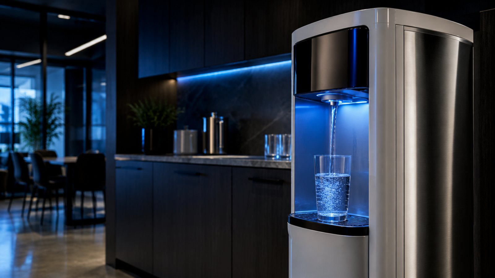Point-of-use alkaline reverse-osmosis water cooler in a modern office