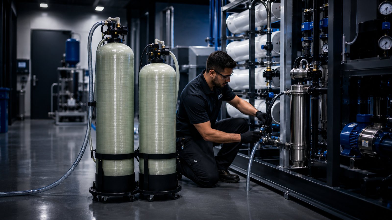 Technician servicing deionization exchange tanks on-site